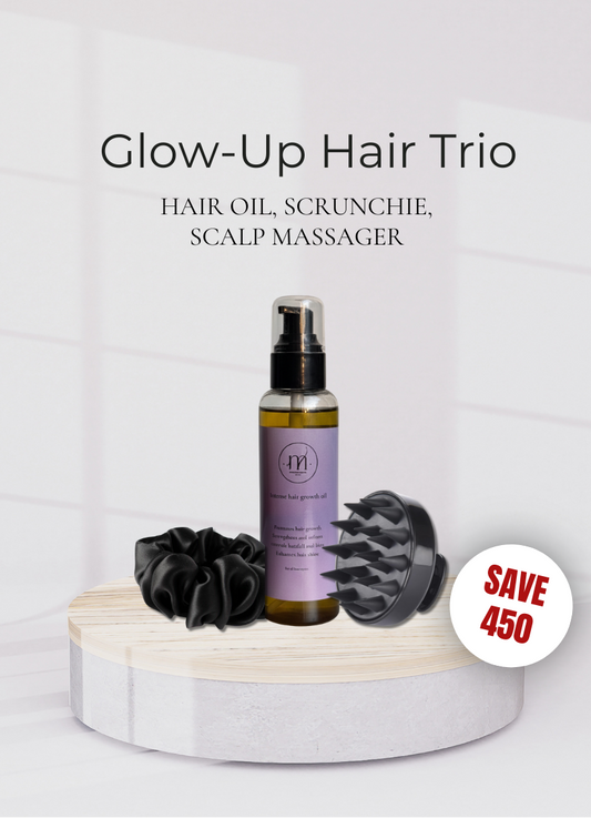 Glow-Up Hair Trio: Hair Oil, Scrunchie, Scalp Massager